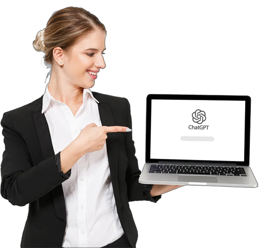 Woman pointing at a laptop displaying ChatGPT on screen Woman pointing at a laptop displaying ChatGPT on screen