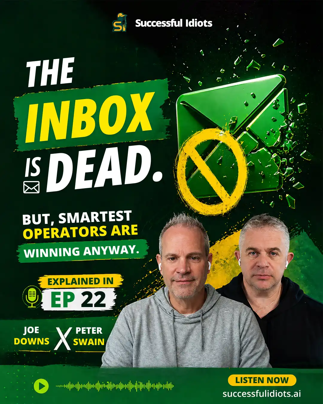 Successful Idiots Podcast Episode 22 Social Media Post – Ingenious Netsoft Portfolio Successful Idiots Podcast Episode 22 The Inbox Is Dead Social Media Post Design – Joe Downs and Peter Swain – Ingenious Netsoft Portfolio