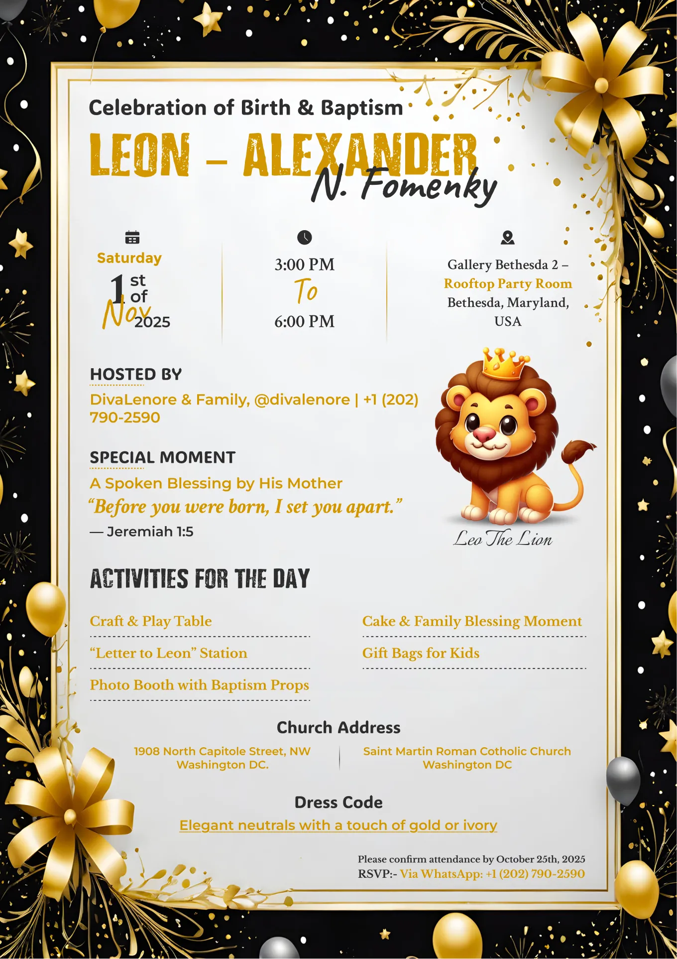 Leon Alexander Baptism Festive Gold Invitation Design – Ingenious Netsoft Portfolio Leon Alexander Fomenky Celebration of Birth and Baptism Festive Gold Invitation Design – Bethesda Maryland – Ingenious Netsoft Portfolio