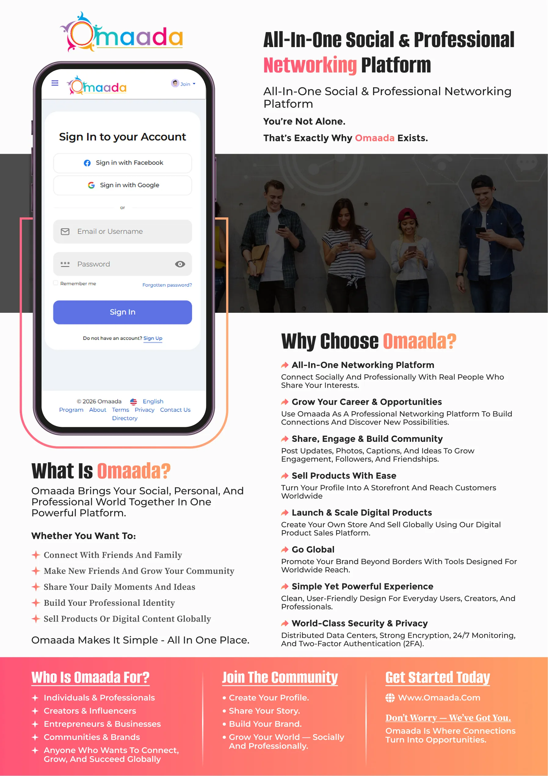 Omaada Networking Platform One-Pager V2 – Ingenious Netsoft Portfolio Omaada All-in-One Social and Professional Networking Platform One-Pager Design Version 2 – Ingenious Netsoft Portfolio