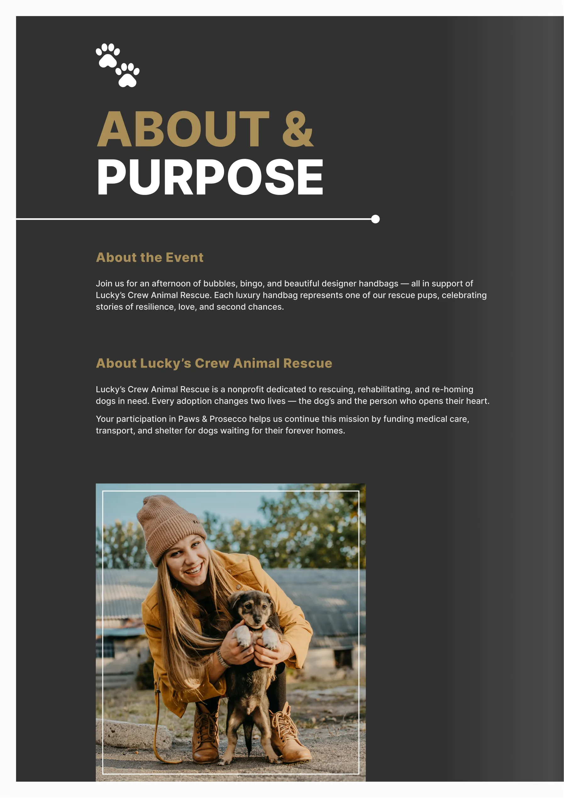 Paws and Prosecco About and Purpose Brochure Page – Ingenious Netsoft Portfolio Luckys Crew Animal Rescue Paws and Prosecco About and Purpose Brochure Page Design – Ingenious Netsoft Portfolio
