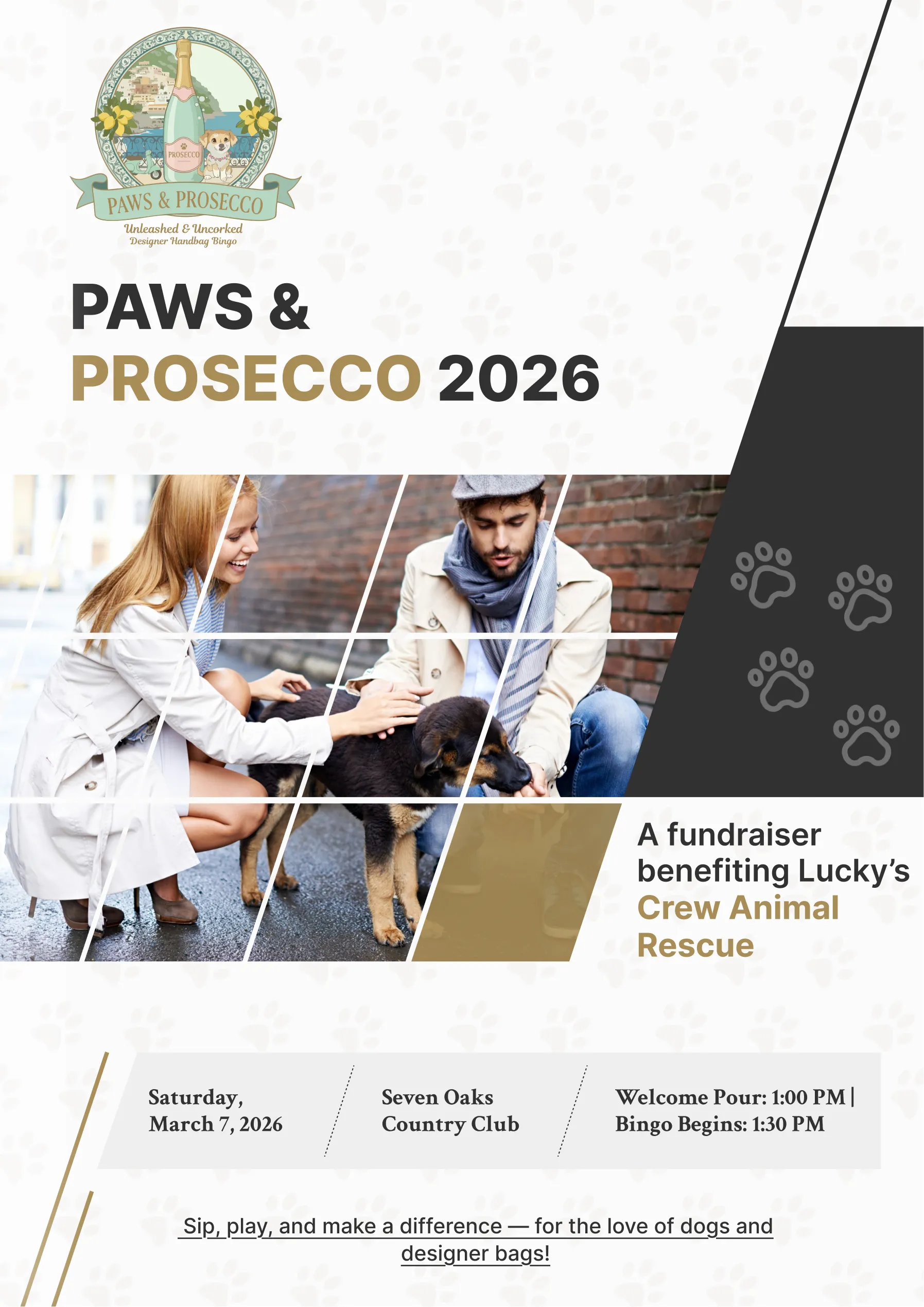 Paws and Prosecco 2026 Event Flyer – Ingenious Netsoft Portfolio Luckys Crew Animal Rescue Paws and Prosecco 2026 Event Flyer Design – Designer Handbag Bingo Fundraiser – Ingenious Netsoft Portfolio