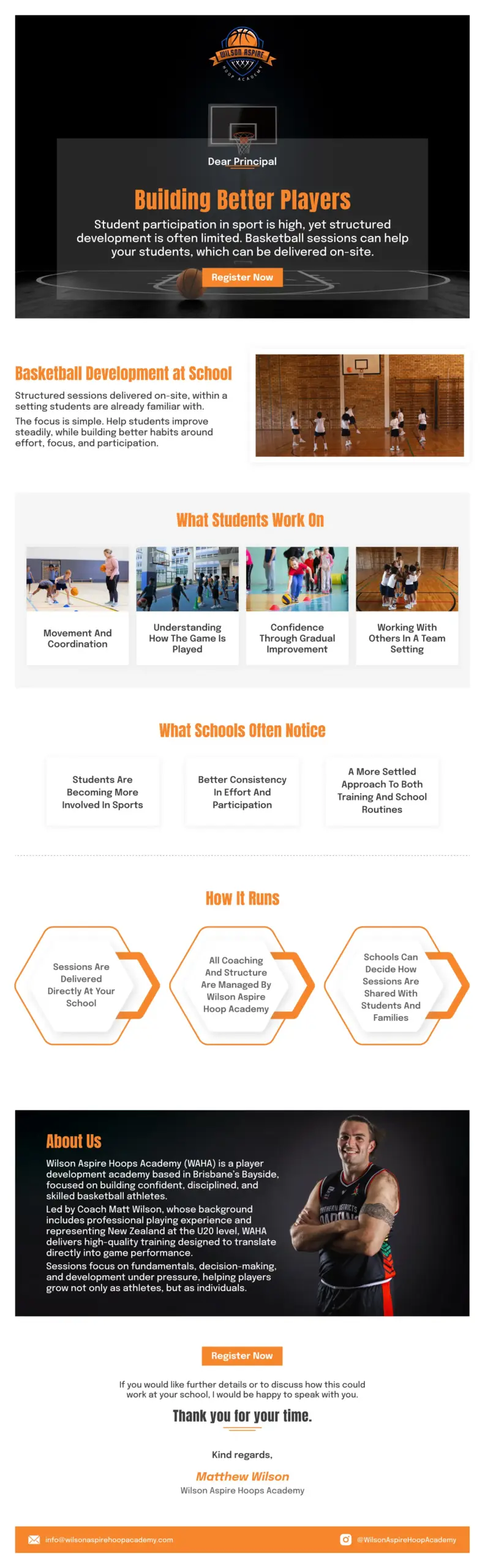Wilson Aspire Hoop Academy School Outreach Email – Ingenious Netsoft Portfolio Wilson Aspire Hoop Academy Building Better Players School Basketball Development Email Marketing Design – Ingenious Netsoft Portfolio